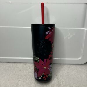Starbucks Holiday Christmas 2021 Dark Green Poinsettia Metal Tumbler 16oz New